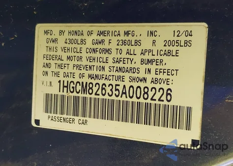 2005 Honda Accord 3.0 Ex z USA, uszkodzony, nr VIN 1HGCM82635A008226